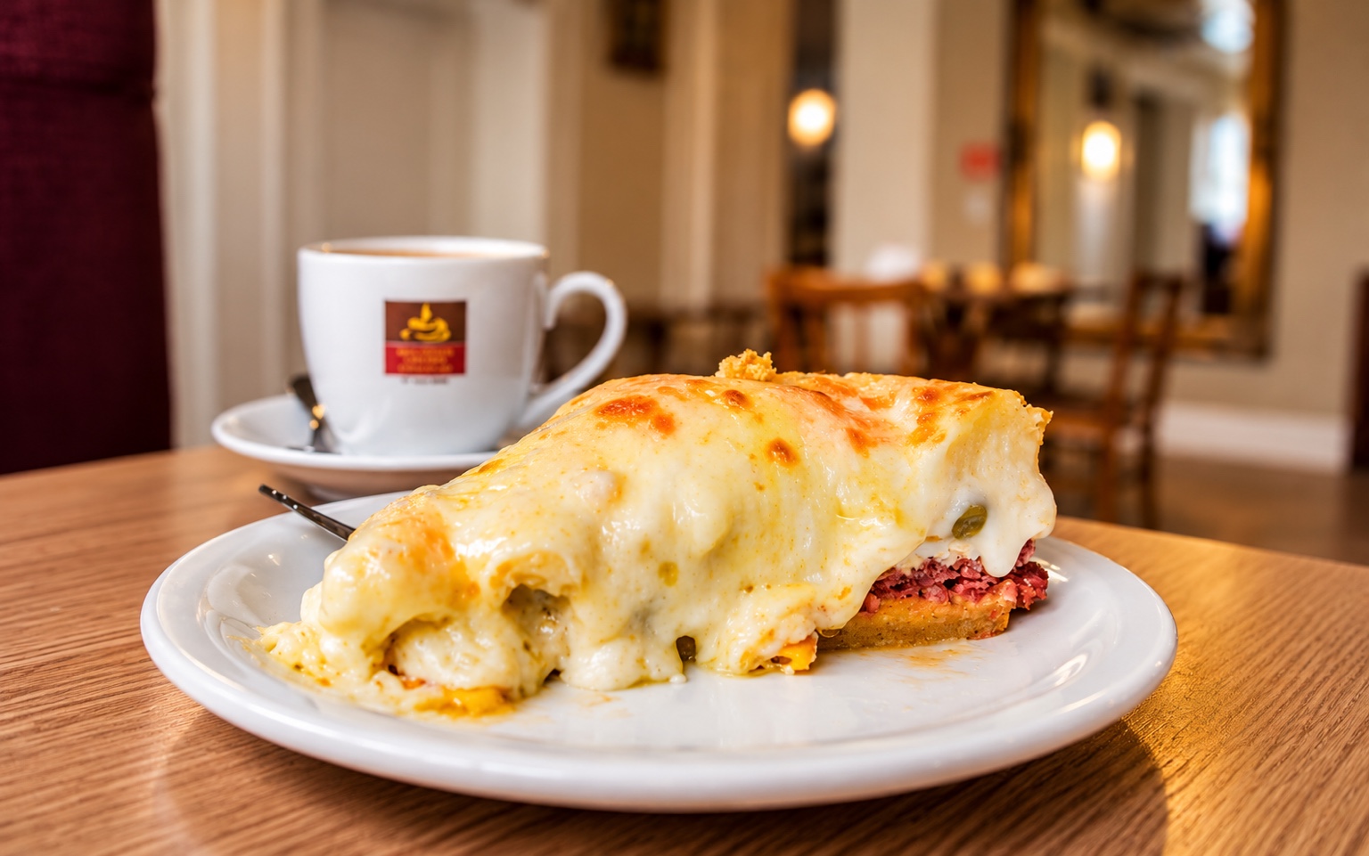 Depois: foto tratada de lanche gratinado com café