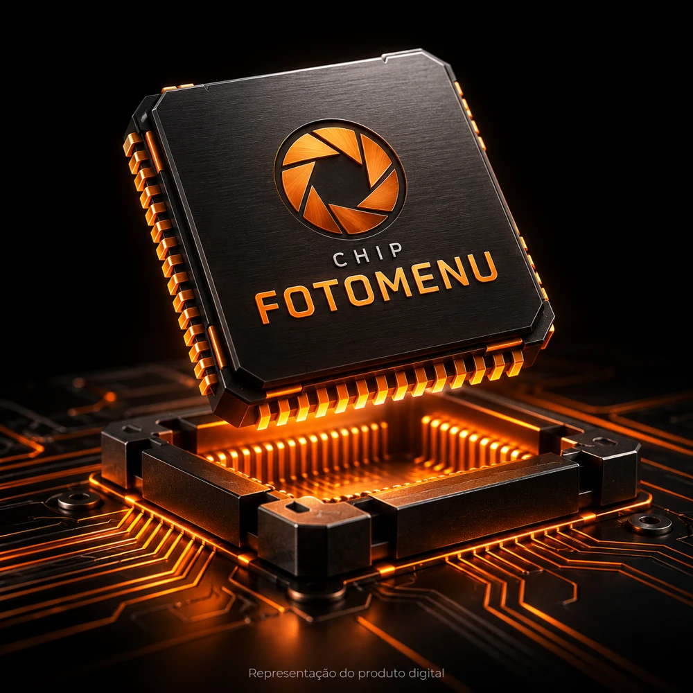Mockup do Chip FotoMenu encaixando em uma base, representação do produto digital