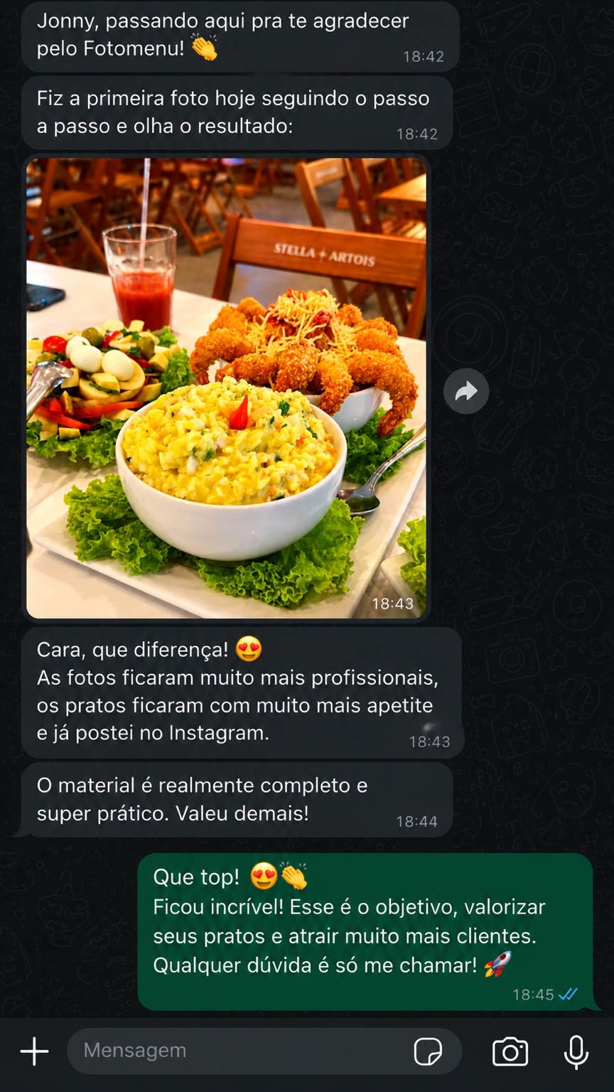 Modelo ilustrativo de conversa sobre FotoMenu para restaurante, não é depoimento de cliente real