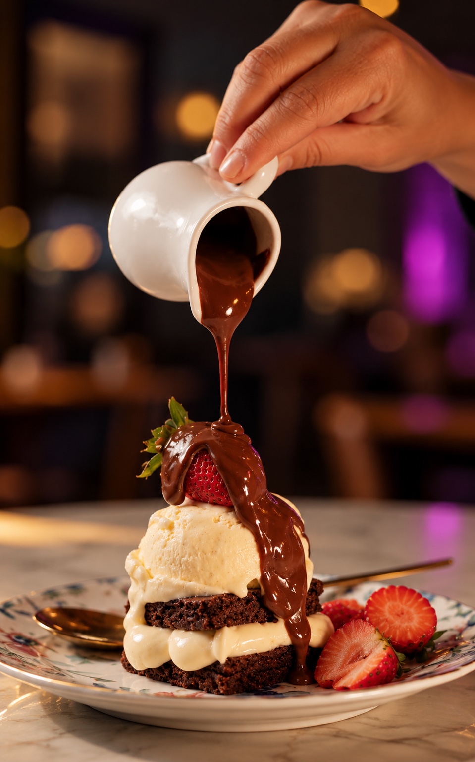 Sobremesa com chocolate, sorvete e morangos recebendo uma calda de chocolate